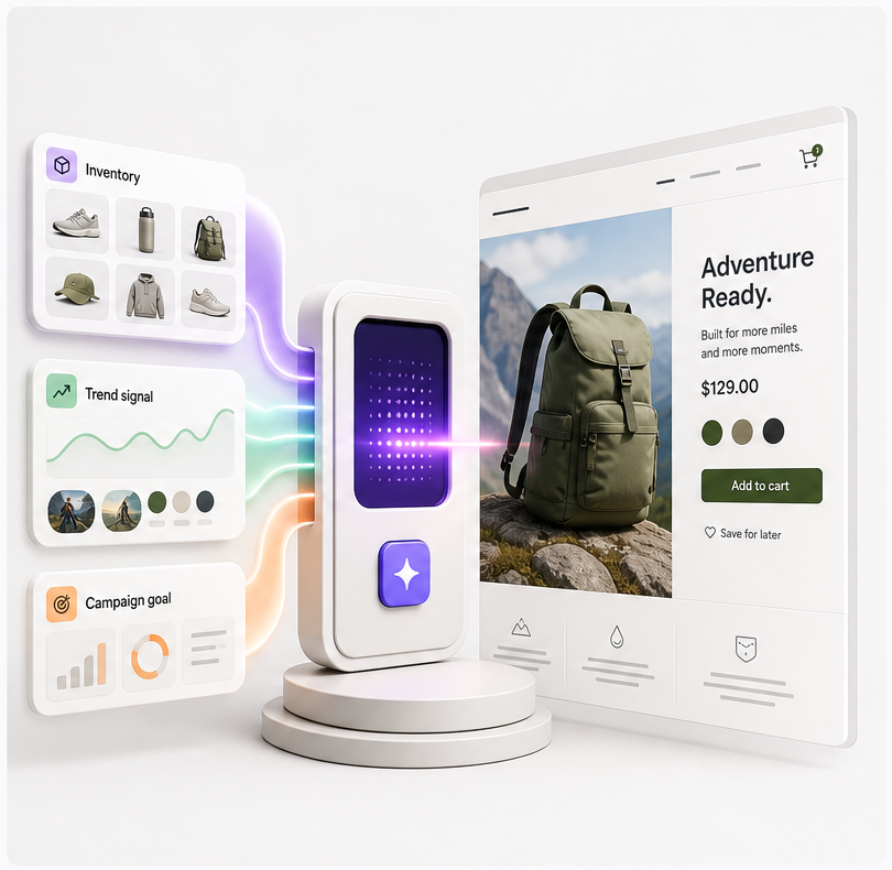 Twubsy launcher turning inventory, trend signals, and a campaign goal into a live product page